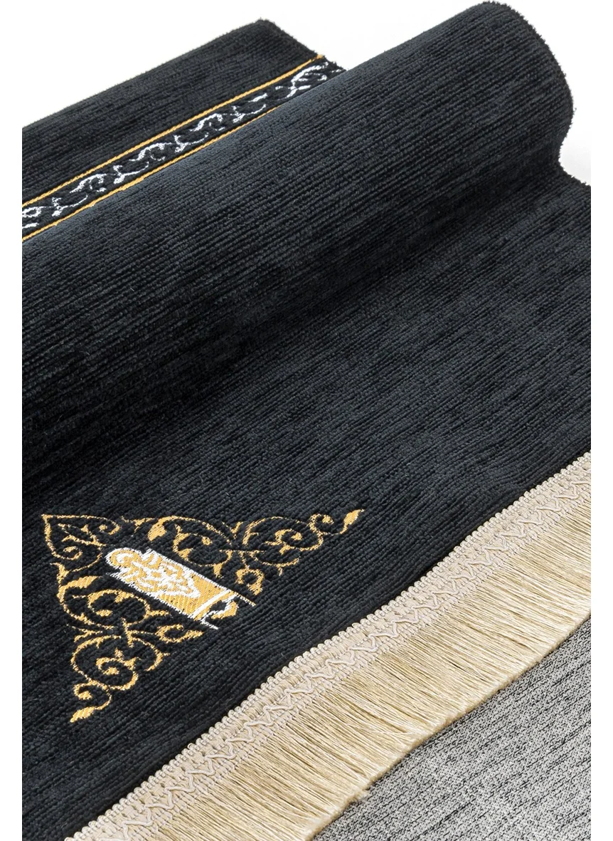İhvan Online Kaaba Cover Patterned Chenille Prayer Rug - Black Color