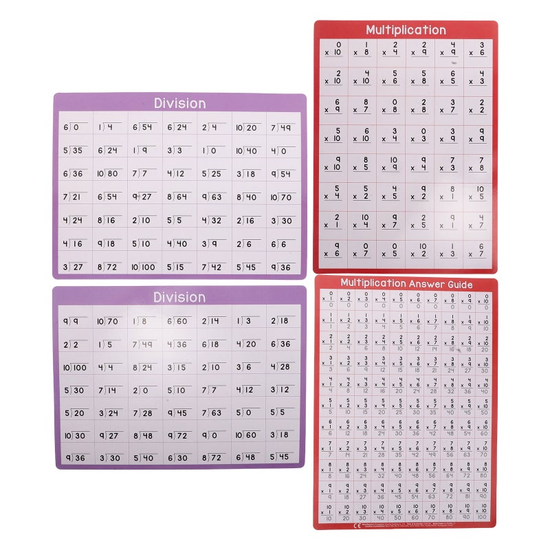4 Sheets Multiplication Chart: A4 Division Chart Dry Erase Board - Double-Sided Math Whiteboard for Classroom and Homeschool Supplies - Math Manipulatives for Student - Image 1