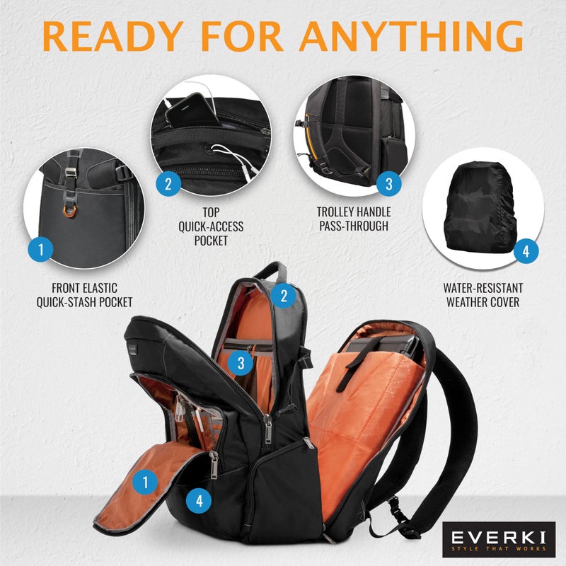 Everki Business 120 Business Laptop Backpack with Rain Cover - Extra Large Laptop Compartment Up to 18.4", 40L Capacity with 180 Degree Fold-Out Design, Work or Gaming Laptop Bag (EKP120), Black - Image 4