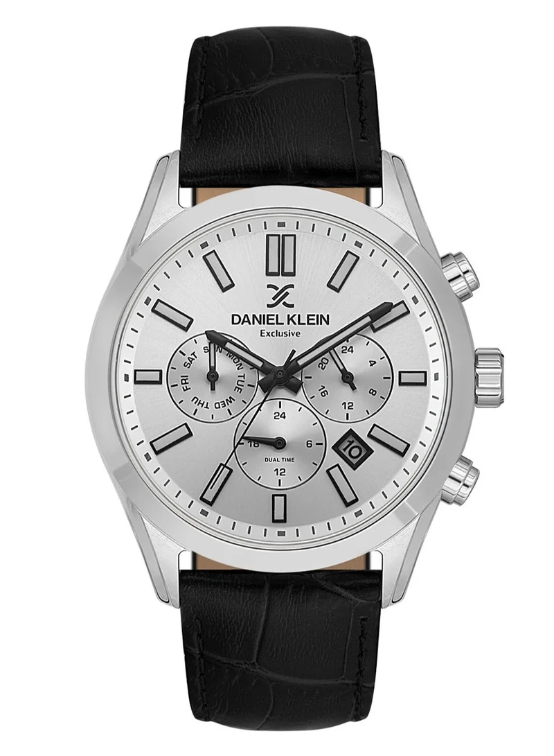 DANIEL KLEIN Men's Leather Silver Alloy Case Analog Silver Round Sunray Dial Japanese Quartz Exclusive 50 Meters Water Resistant
