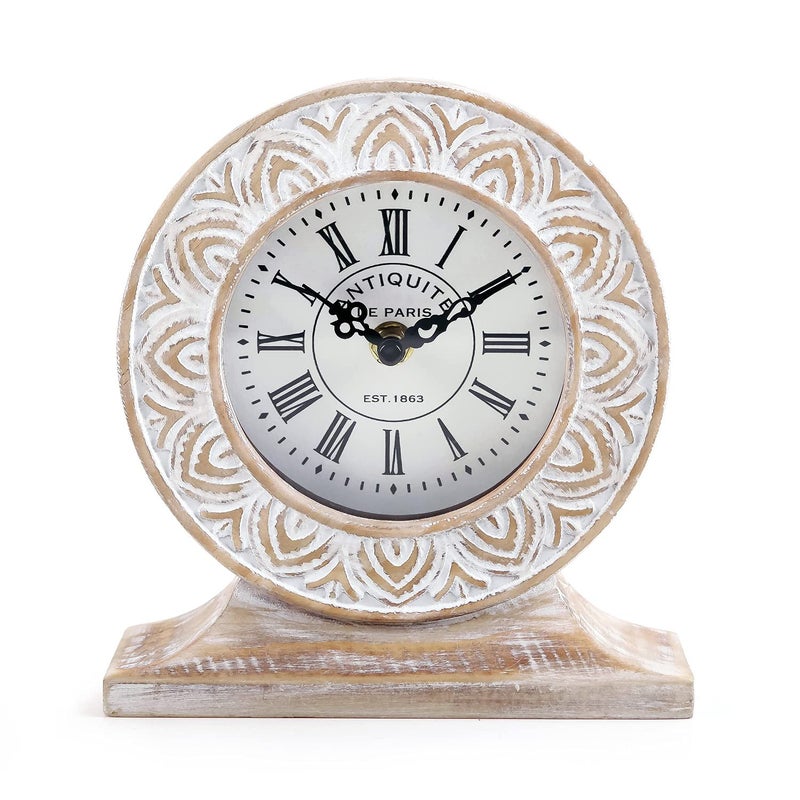 NIKKY HOME NIKKY HOME Hand Carved Wood Table Clock Shelf Desk Top Clock Battery Operated Boho Design Vintage Home Decor for Fireplace Mantel Desktop Countertop Distressed White 