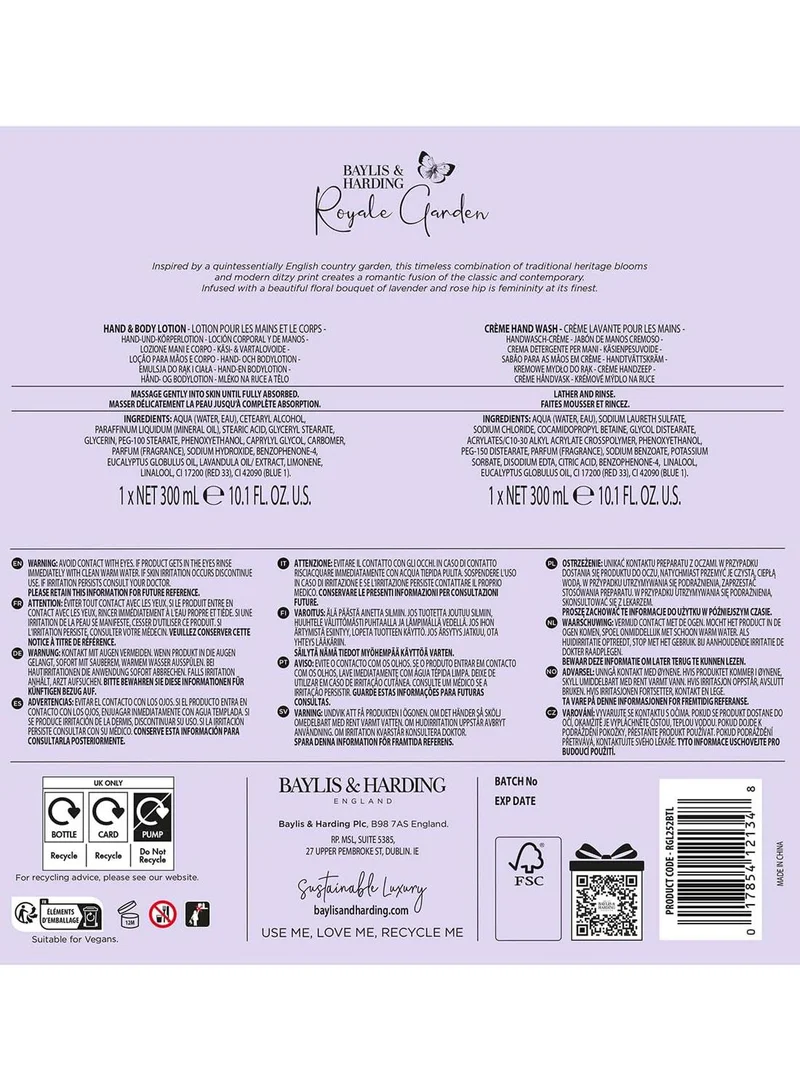 Baylis & Harding Royale Garden Lavender & Rosehip Tea Limited Edition Luxury Hand Care Gift Set | 2 Piece Set with Hand Wash & Hand & Body Lotion | Vegan Friendly, Recyclable Packaging