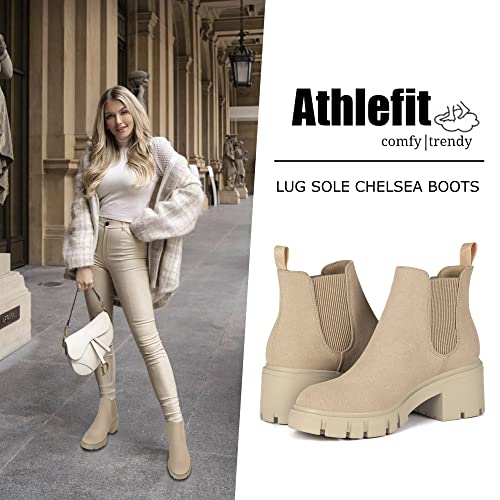 Athlefit Women's Chelsea Boots Fashion Lug Sole Chunky Heel Slip on Elastic Ankle Nude Booties Size 9 - Image 2