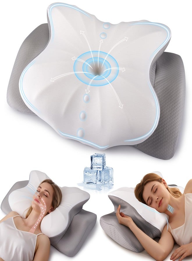 FGNTWP Cervical Pillow for Neck and Shoulder Support, Ergonomic Contour Pillow for Pain Relief, 2 Heights Cooling Memory Foam Orthopedic Pillow for Side Back Stomach Sleepers White Grey - Image 1