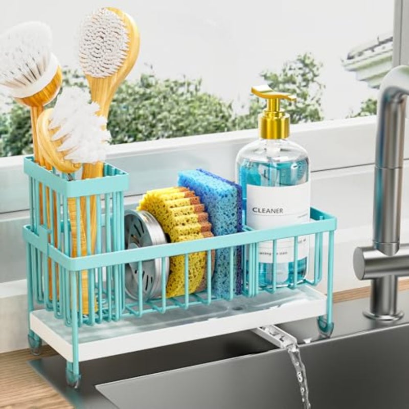 Sponge Holder for Kitchen Sink, Sink Caddy Organizer with High Brush Holder, Kitchen Countertop Organizers and Storage Essentials, Rustproof 304 Stainless Steel Black, 9.25″