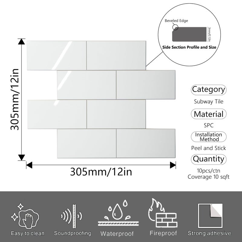 COLAMO Luxury 10 Sheet Peel and Stick Backsplash,12â€x12â€Pure White Subway Tile for Kitchen Wall,Self Adhesive Glossy Faux Marble Tile,Stick on Accent Wall Backsplash Tile for Living Room, Bedroom,RV - Image 2
