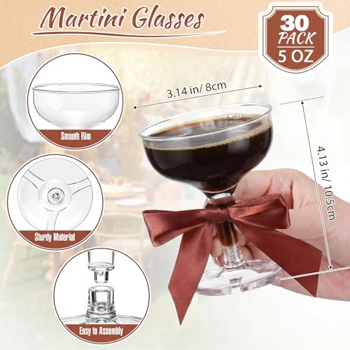 Zopeal 30 Set Champagne Tower Champagne Coupe Cocktail Glasses 5 oz with Satin Bows 35 Inch Plastic Margarita Espresso Martini Glasses for a Tiny Bit Older Valentines Birthday Party Brown Bow - Image 3