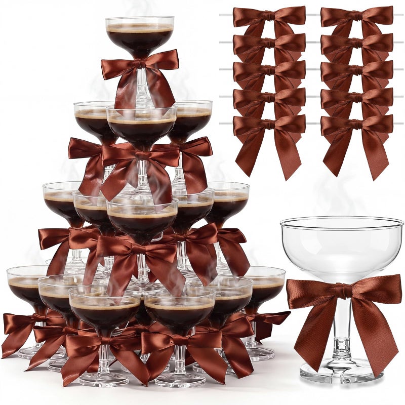 Zopeal 30 Set Champagne Tower Champagne Coupe Cocktail Glasses 5 oz with Satin Bows 35 Inch Plastic Margarita Espresso Martini Glasses for a Tiny Bit Older Valentines Birthday Party Brown Bow - Image 2