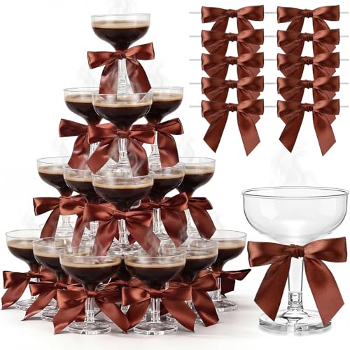 Zopeal 30 Set Champagne Tower Champagne Coupe Cocktail Glasses 5 oz with Satin Bows 35 Inch Plastic Margarita Espresso Martini Glasses for a Tiny Bit Older Valentines Birthday Party Brown Bow - Image 1