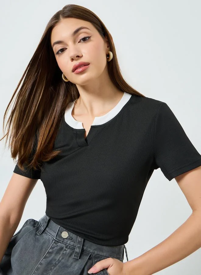 Styli Black Contrast Notch Neck Ribbed T-Shirt