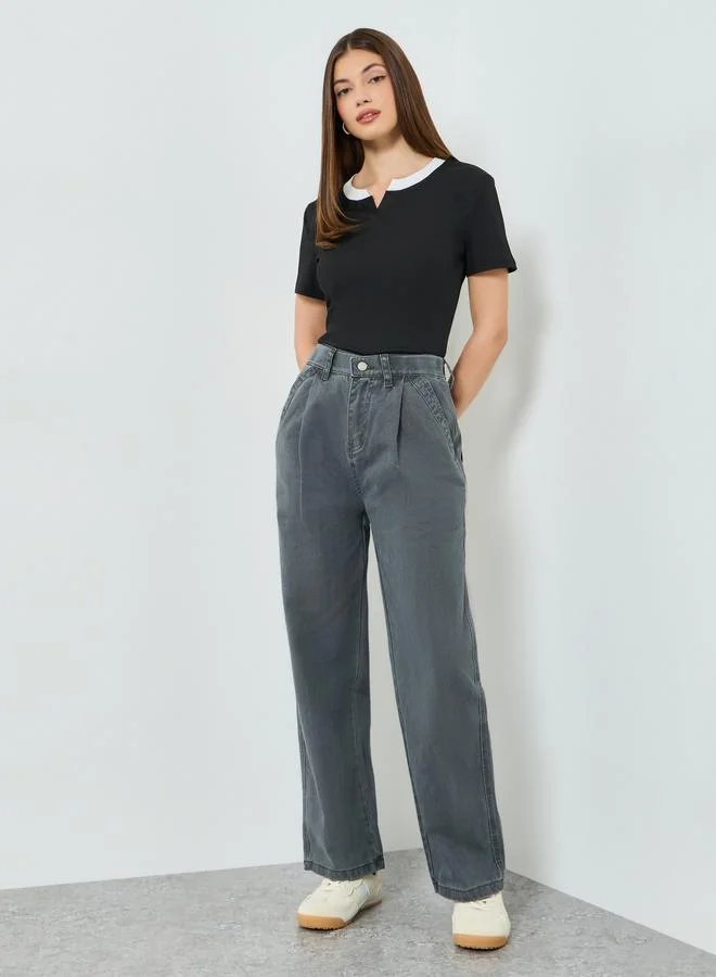 Styli Black Contrast Notch Neck Ribbed T-Shirt