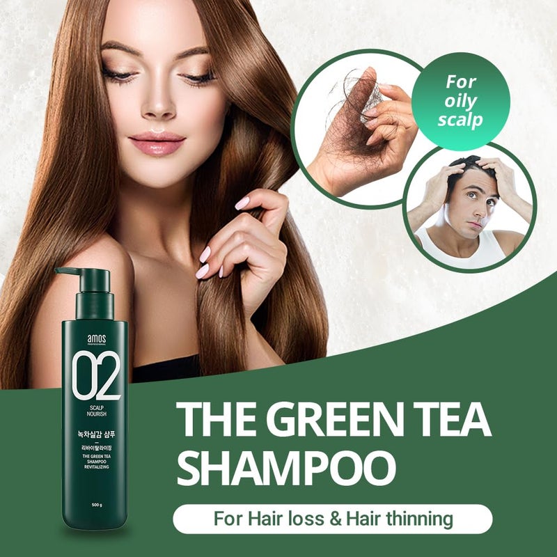 AMOS PROFESSIONAL The Green Tea Shampoo Refresh [For Oily Scalp] 17.6oz (500g) | Anti-Hair Loss Korean Hair Growth Shampoo for Cleanse Excess Sebum - Image 2