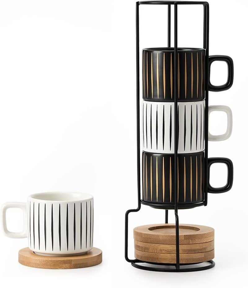 LUKA Porcelain Espresso Cup with Saucer and Metal Stand 4 Ounce Stackable Ceramic Demitasse Espresso Mugs Cups Set for Latte Specialty Coffee Drinks Cafe MochaTea  Set of 4 White  Black - Image 1