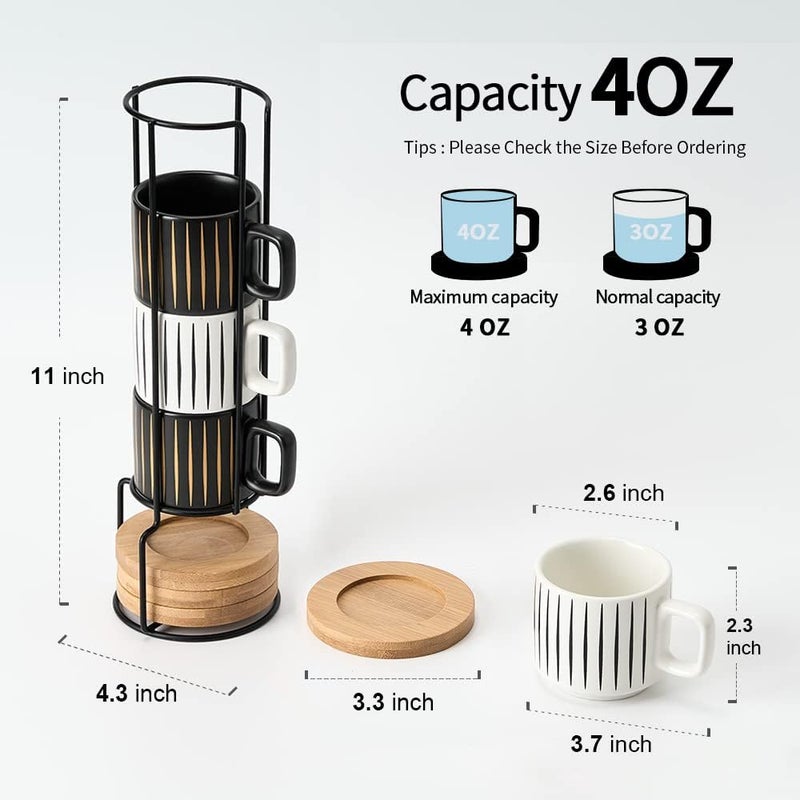 LUKA Porcelain Espresso Cup with Saucer and Metal Stand 4 Ounce Stackable Ceramic Demitasse Espresso Mugs Cups Set for Latte Specialty Coffee Drinks Cafe MochaTea  Set of 4 White  Black - Image 2