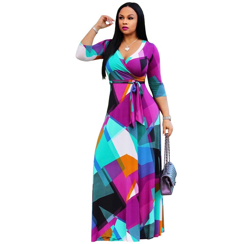 Bohemian V-Neck Printed Plus Size Maxi Dress