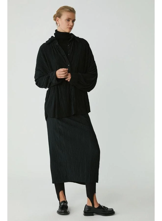Ethiquet Suen Women's Fitilli Style Oversized Wide-Cut Buttoned Black Plus-Size Shirt.