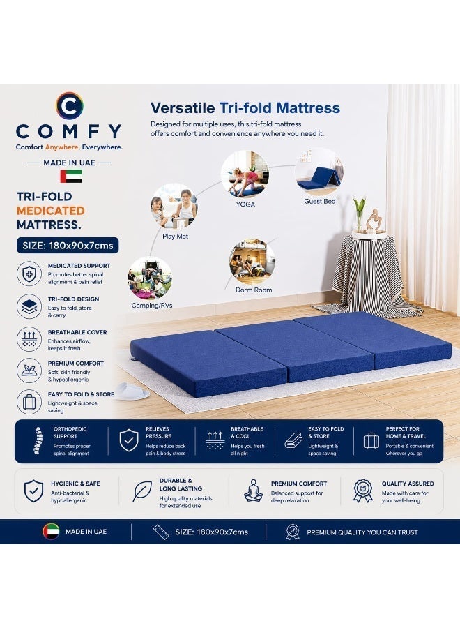 COMFY LUXURY COLLECTION STYLISH BLUE MEDICATED FOLDING MATTRESS 180 X 90 X 7CM - Image 1
