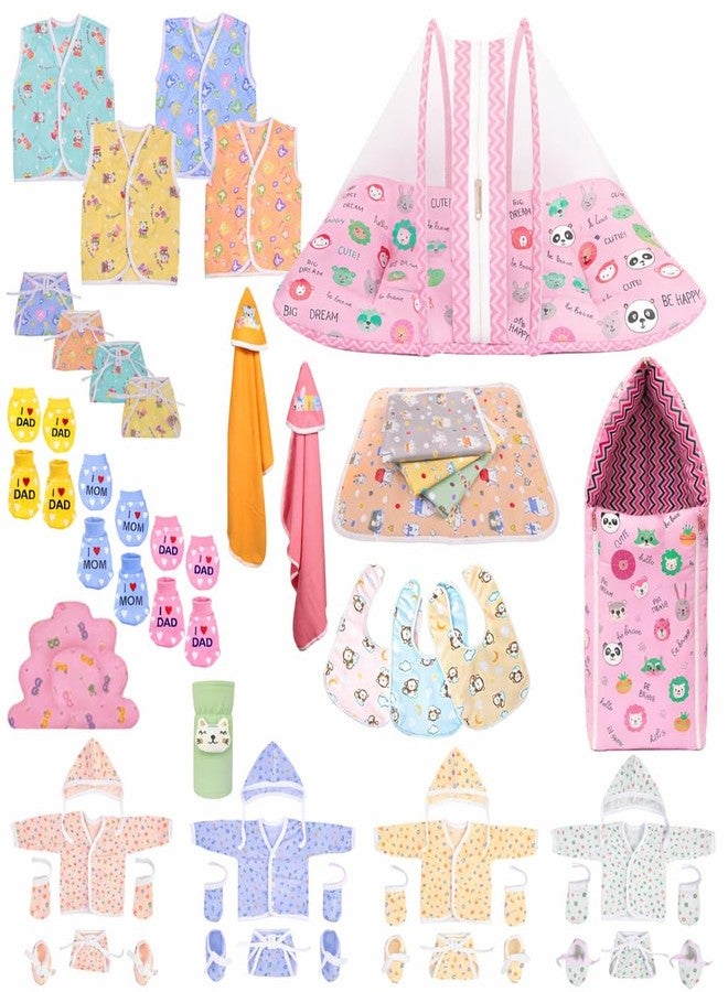 Kwitchy Newborn Baby Essentials Kit 47 Items Combo | New Born Baby Kit 0-6 Months | Baby Bed Bedding Clothes Set | Hospital Bag & (Pink) - Image 1