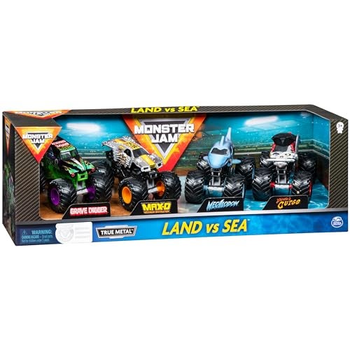 Monster Jam, Land vs. Sea 4 Pack Monster Trucks (Grave Digger, Max-D, Megalodon, and Pirate’s), 1:64 Scale, Kids Toys for Boys and Girls Ages 3 and up - Image 2