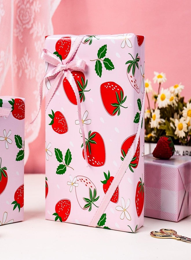 Flyhill Reversible Pink Strawberry Wrapping Paper Roll, Cute Strawberry, Flower with Pink Plaid Gift Wrap for Girls,Wedding,Birthday Valentine's Day,Baby Shower（17 IN x 16.5 FT） - Image 2