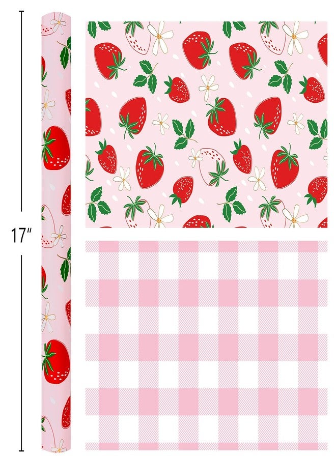Flyhill Reversible Pink Strawberry Wrapping Paper Roll, Cute Strawberry, Flower with Pink Plaid Gift Wrap for Girls,Wedding,Birthday Valentine's Day,Baby Shower（17 IN x 16.5 FT） - Image 4