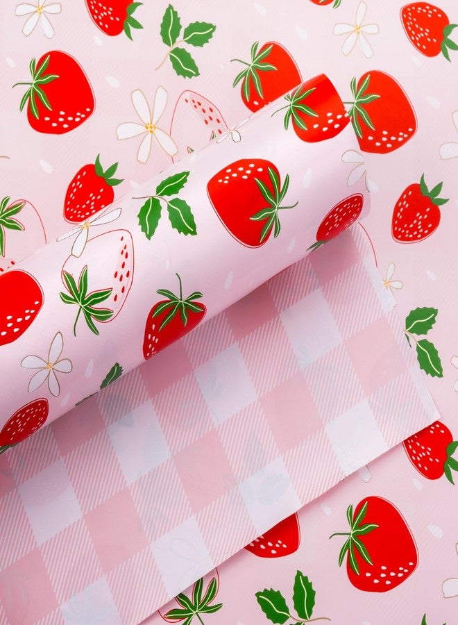 Flyhill Reversible Pink Strawberry Wrapping Paper Roll, Cute Strawberry, Flower with Pink Plaid Gift Wrap for Girls,Wedding,Birthday Valentine's Day,Baby Shower（17 IN x 16.5 FT） - Image 1