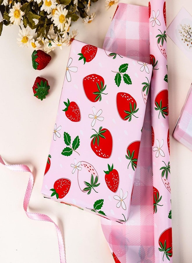 Flyhill Reversible Pink Strawberry Wrapping Paper Roll, Cute Strawberry, Flower with Pink Plaid Gift Wrap for Girls,Wedding,Birthday Valentine's Day,Baby Shower（17 IN x 16.5 FT） - Image 5