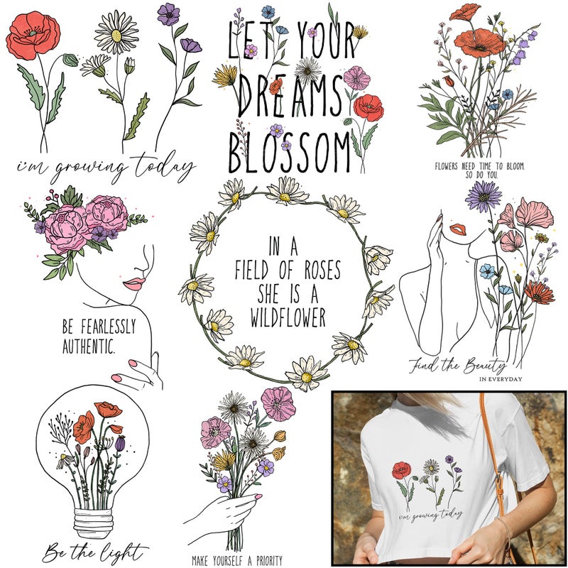 Flowing Fun 8 Sheets Motivation Flowers Iron On Transfers for T-Shirts & Women's Clothing - Flowers Htv Heat Transfer Vinyl Iron On Decals Patches Design - Image 1