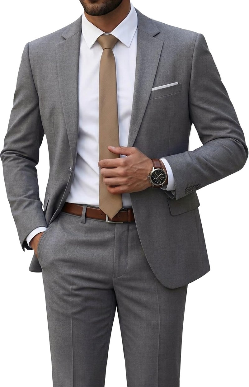 YND Men's 2 Piece Suit with Tie, One Button Slim Fit Solid Jacket and Pants Set, Suits for Men Prom Party Wedding & Business, Light Grey - Image 1