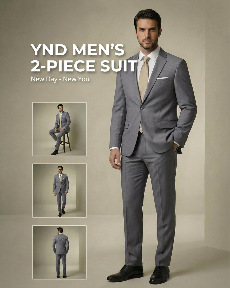 YND Men's 2 Piece Suit with Tie, One Button Slim Fit Solid Jacket and Pants Set, Suits for Men Prom Party Wedding & Business, Light Grey - Image 2