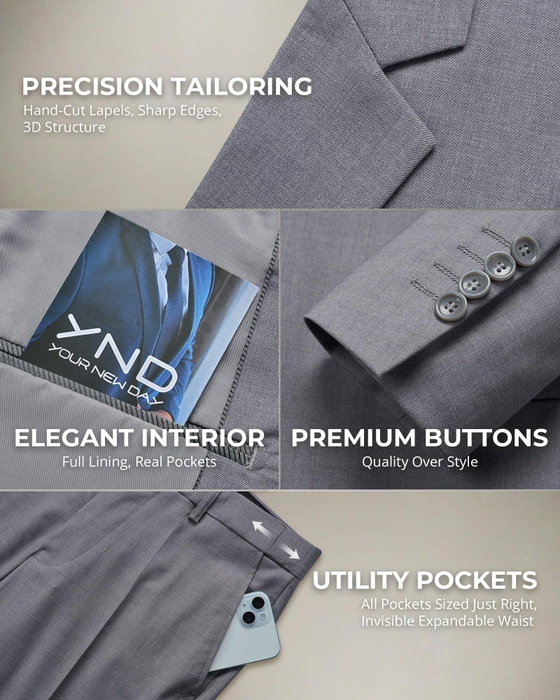 YND Men's 2 Piece Suit with Tie, One Button Slim Fit Solid Jacket and Pants Set, Suits for Men Prom Party Wedding & Business, Light Grey - Image 4