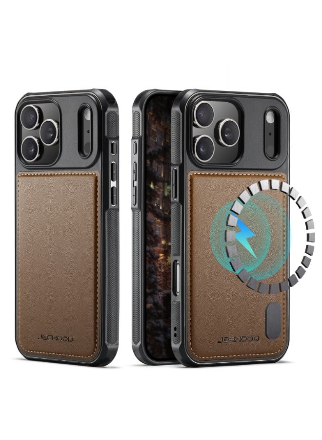 JEEHOOD Phone Case cover Luxury PU Leather Back Cover Cover Magnetic Wireless Charging Compatible with  IPhone 17 Pro Max (Brown)
