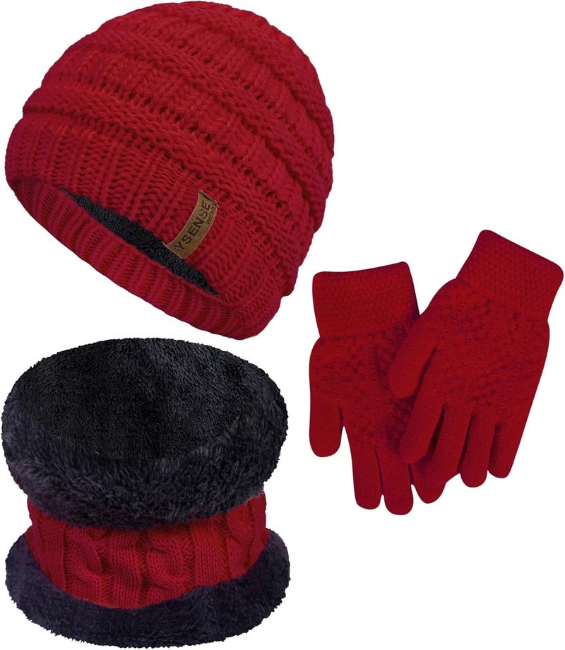 YSense 3 Pcs Kids Winter Beanie Hat Scarf Gloves Set Thick Knit Warm Fleece Fuzzy Lined Beanie Caps Mittens for Boys Girls - Image 1