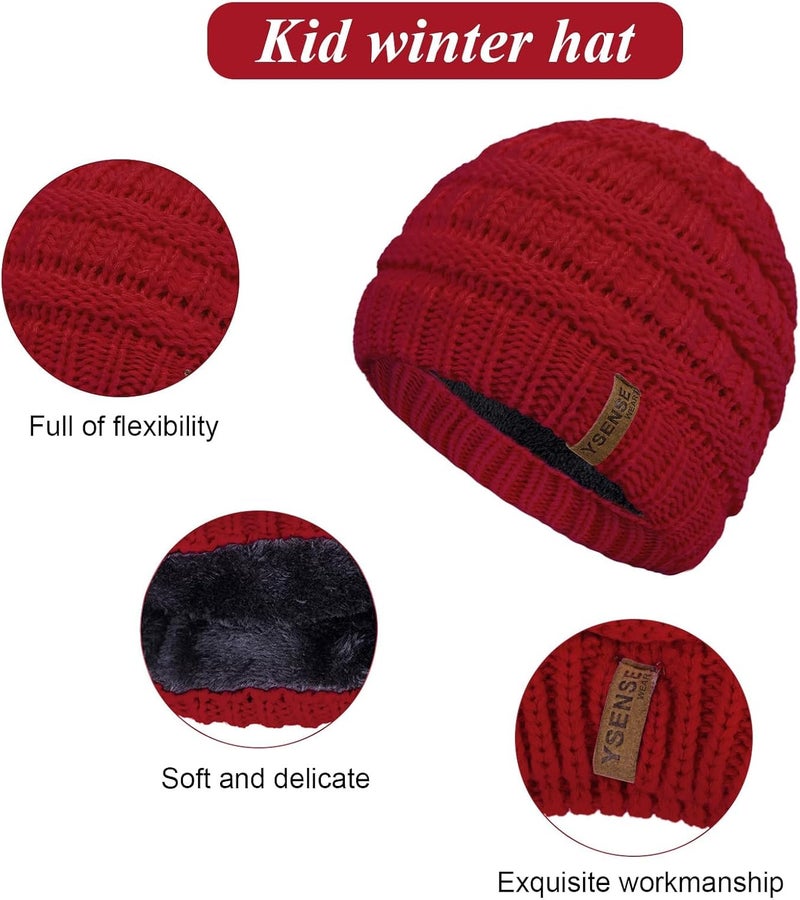 YSense 3 Pcs Kids Winter Beanie Hat Scarf Gloves Set Thick Knit Warm Fleece Fuzzy Lined Beanie Caps Mittens for Boys Girls - Image 3
