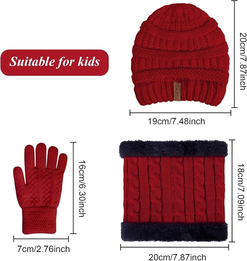 YSense 3 Pcs Kids Winter Beanie Hat Scarf Gloves Set Thick Knit Warm Fleece Fuzzy Lined Beanie Caps Mittens for Boys Girls - Image 2