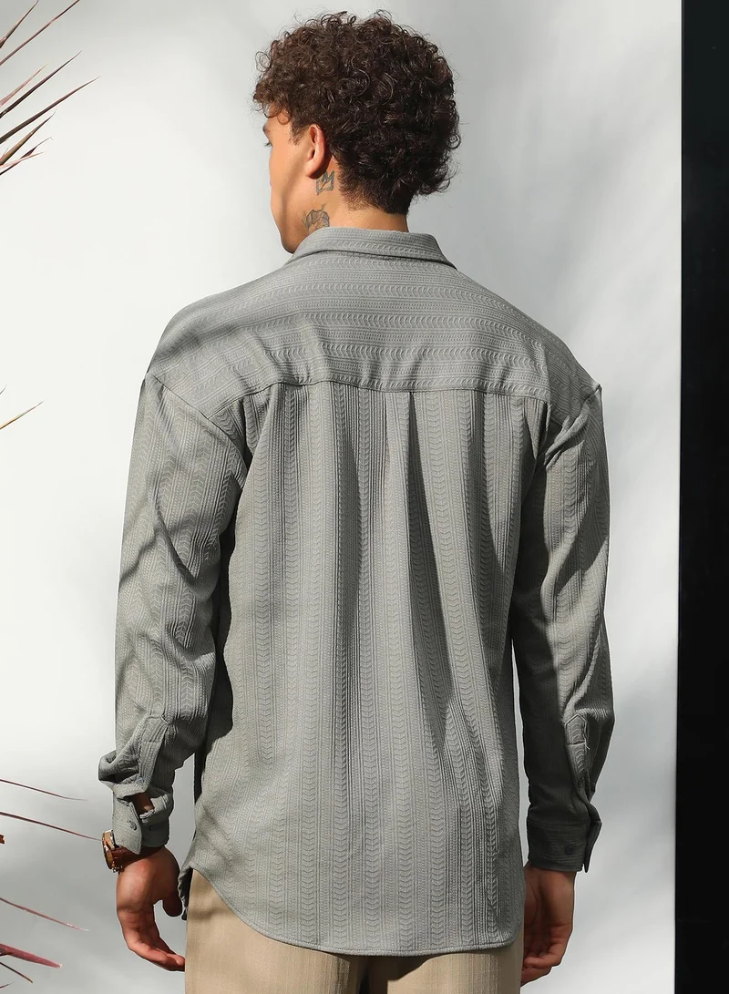 Campus Sutra Campus Sutra Men's Ash Grey Stripe-Textured Shirt For Casual Wear | Spread Collar | Long Sleeve | Button Closure | Shirt Crafted With Comfort Fit For Everyday Wear