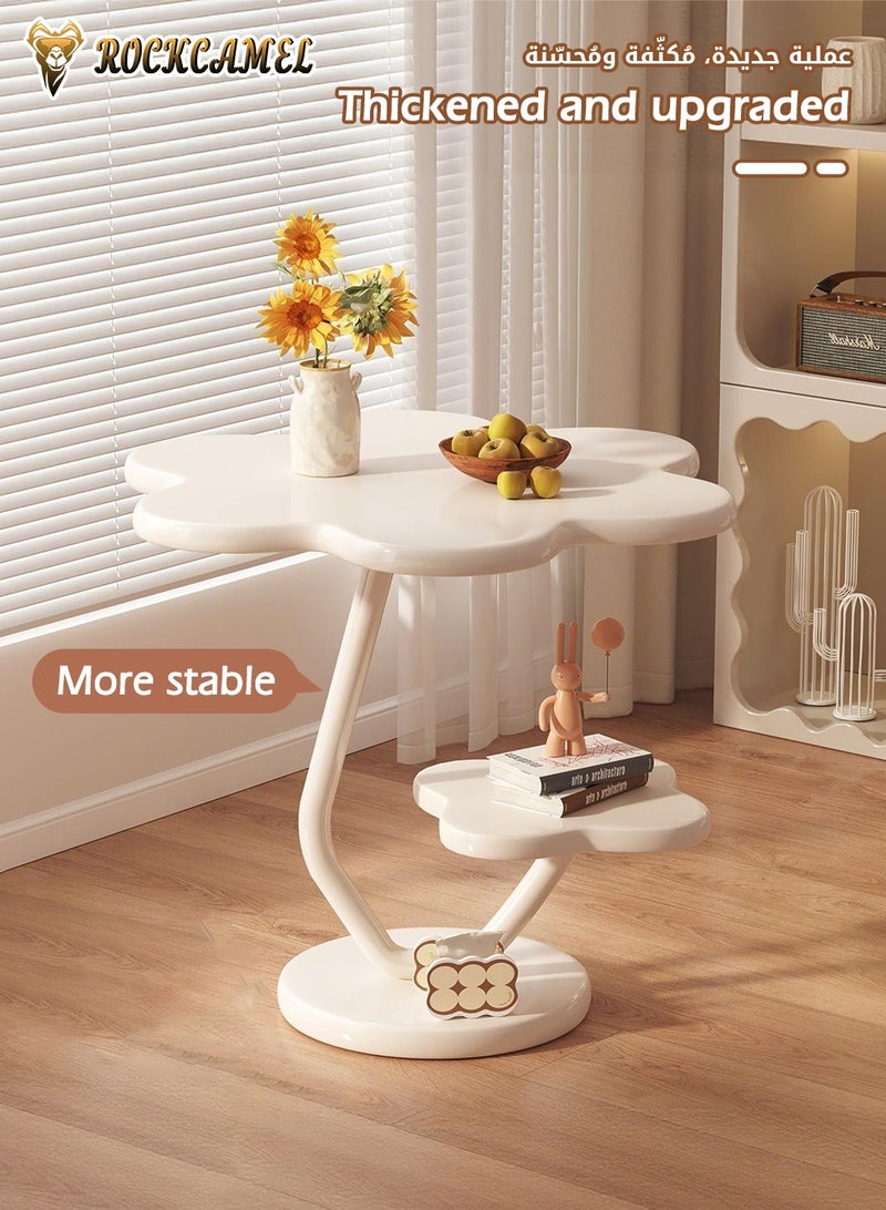 ROCKCAMEL طاولة جانبية على شكل زهرة عتيقة، طاولة صغيرة مستديرة مع رف تخزين من مستويين، هيكل مستقر، طاولة مميزة بإطار معدني لغرفة المعيشة أو غرفة النوم أو الشرفة أو المكتب (أبيض، 42 × 62 سم) - Image 2