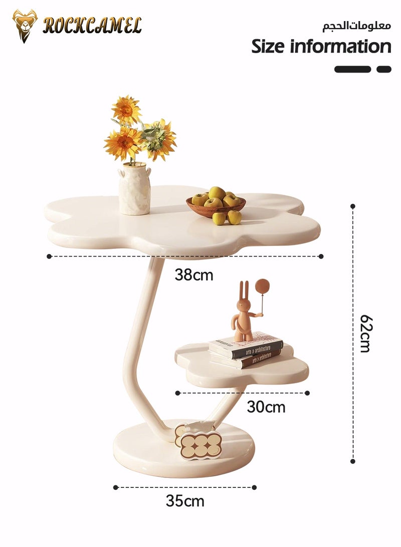ROCKCAMEL طاولة جانبية على شكل زهرة عتيقة، طاولة صغيرة مستديرة مع رف تخزين من مستويين، هيكل مستقر، طاولة مميزة بإطار معدني لغرفة المعيشة أو غرفة النوم أو الشرفة أو المكتب (أبيض، 42 × 62 سم) - Image 3