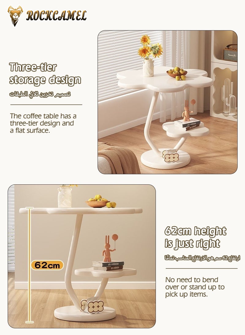 ROCKCAMEL طاولة جانبية على شكل زهرة عتيقة، طاولة صغيرة مستديرة مع رف تخزين من مستويين، هيكل مستقر، طاولة مميزة بإطار معدني لغرفة المعيشة أو غرفة النوم أو الشرفة أو المكتب (أبيض، 42 × 62 سم) - Image 5