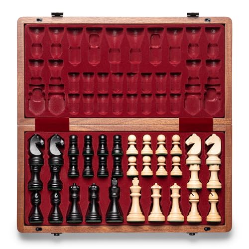 a&a AA Premium Folding Chess Board Game Set 15 Wooden Chess Board  3 King Height Staunton Chess Pieces with 2 Extra Queens Portable Travel Chess Set Natural Mahogany 15 Inches - Image 1
