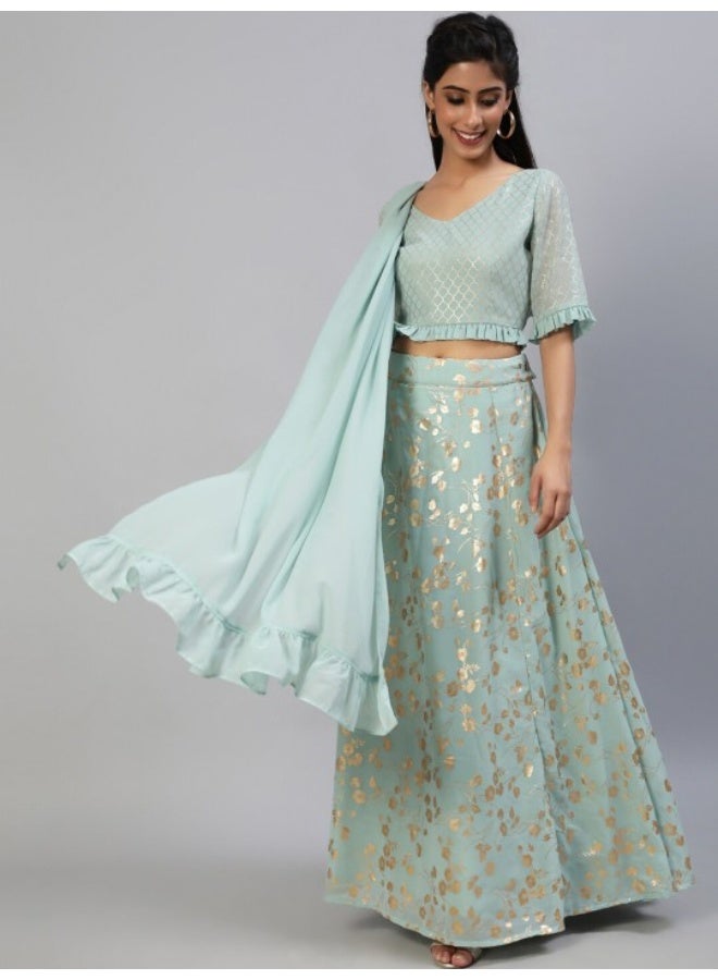 AKS Sea Green Gold Foli Printed Lehenga Choli With Ruffle Dupatta - Image 1