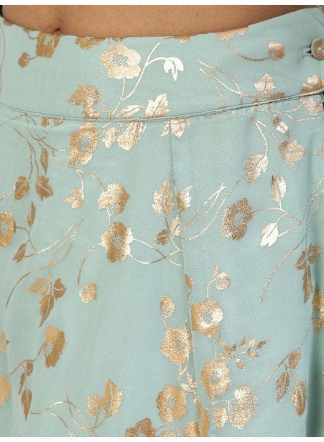 AKS Sea Green Gold Foli Printed Lehenga Choli With Ruffle Dupatta - Image 3