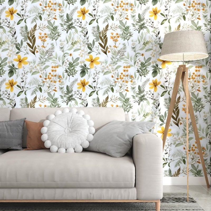 Laatse Wallpaper Peel and Stick Green Leaf, Vintage Yellow Floral Contact Paper 17.5" x 393.7", Botanical Wall Paper Self Adhesive Removable Waterproof for Bathroom Shelf Cabinet Drawer Table Decor - Image 2