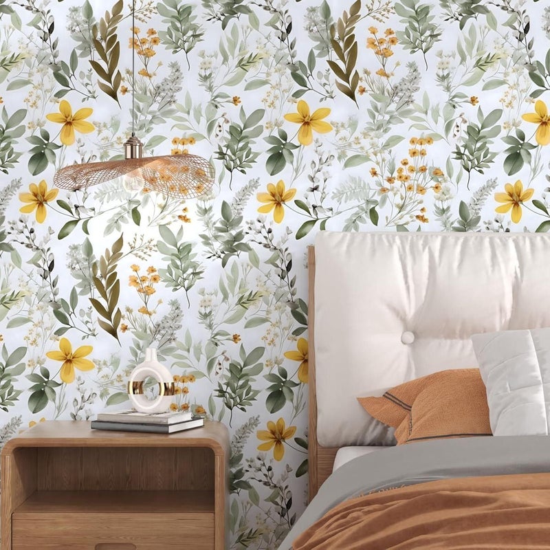 Laatse Wallpaper Peel and Stick Green Leaf, Vintage Yellow Floral Contact Paper 17.5" x 393.7", Botanical Wall Paper Self Adhesive Removable Waterproof for Bathroom Shelf Cabinet Drawer Table Decor - Image 4