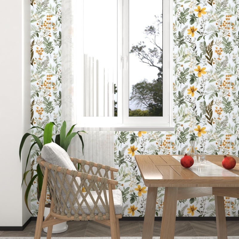 Laatse Wallpaper Peel and Stick Green Leaf, Vintage Yellow Floral Contact Paper 17.5" x 393.7", Botanical Wall Paper Self Adhesive Removable Waterproof for Bathroom Shelf Cabinet Drawer Table Decor - Image 3