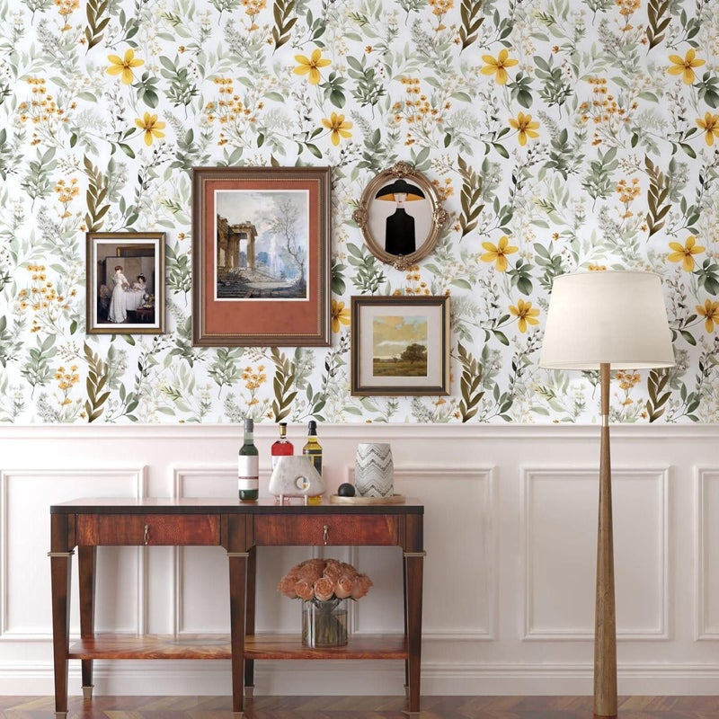 Laatse Wallpaper Peel and Stick Green Leaf, Vintage Yellow Floral Contact Paper 17.5" x 393.7", Botanical Wall Paper Self Adhesive Removable Waterproof for Bathroom Shelf Cabinet Drawer Table Decor - Image 5