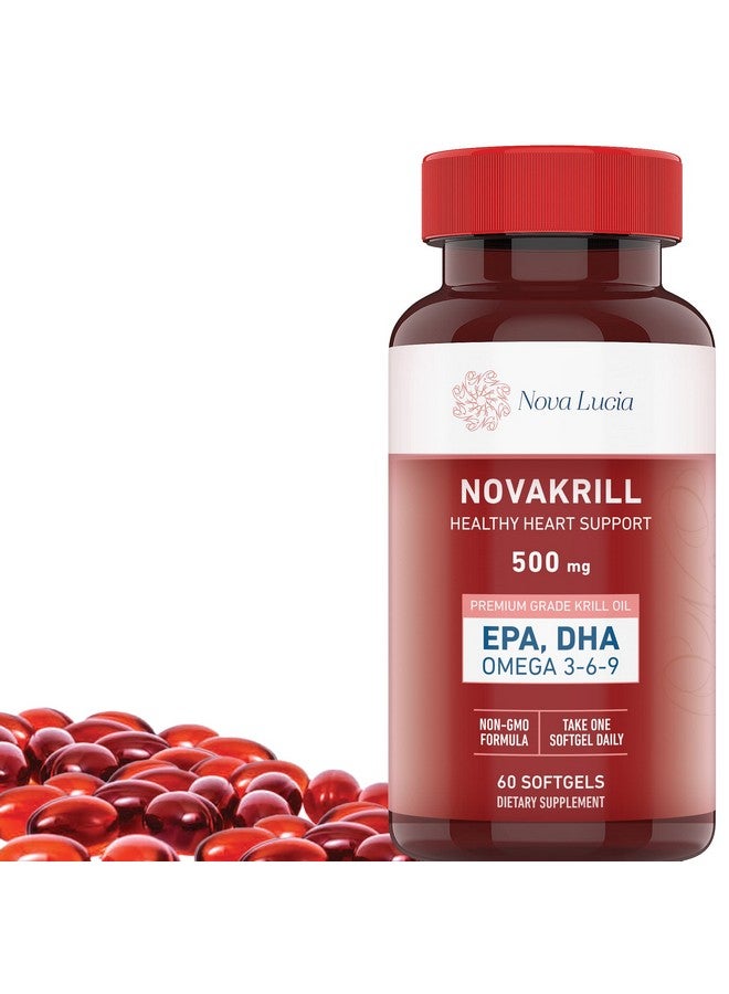Nova Lucia Natural Krill Oil Omega 3 6 9 Supplement, Burpless 60 Red Liquid Softgels, Rich in EPA, DHA, Astaxanthin, No Fishy Aftertaste, 1000mg per 2 Softgels - Image 1