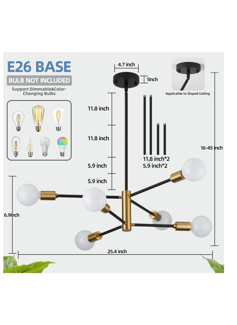 MIXDE Modern Chandeliers for Dining Room Ceiling Light Fixture Black and Gold Chandelier 6 Light Sputnik Chandeliers Mid Century Pendant Light for Living Room Kitchen Island Bedroom Foyer  - Image 5