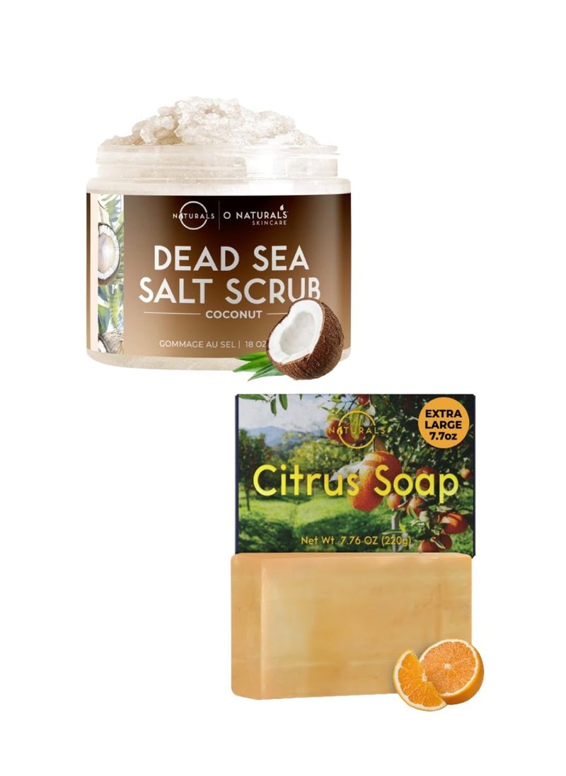 O Naturals O Naturals Coconut Scrub & 1pc Citrus Soap Bundle - Exfoliating Coconut Oil Dead Sea Salt Deep-Cleansing Face & Body Scrub, Organic & Natural Soap for Men & Women, Citrus Mens Soap  - Image 1