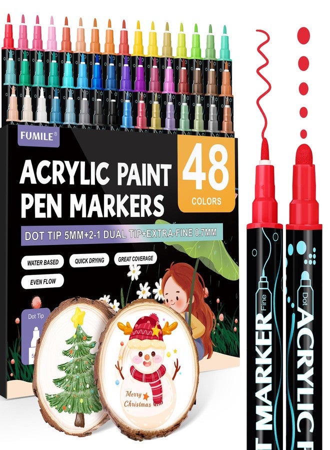FUMILE 48 Colors Acrylic Paint Markers Dual Tip(Fine and Dot Tip), Paint Pens Acrylic Markers for Wood, Rock, Plastic, Glass, Ceramic, Canvas.Acrylic Paint Markers Set for DIY Christmas Card and Art - Image 1